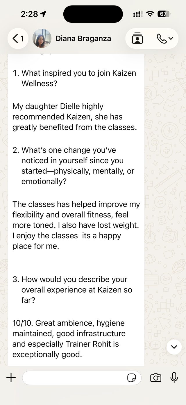 A WhatsApp message from a Kaizen member describing their experience
