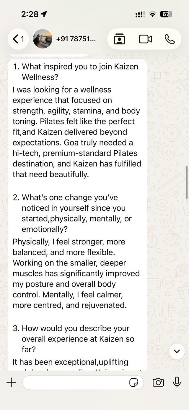 A WhatsApp message from a Kaizen member describing their experience