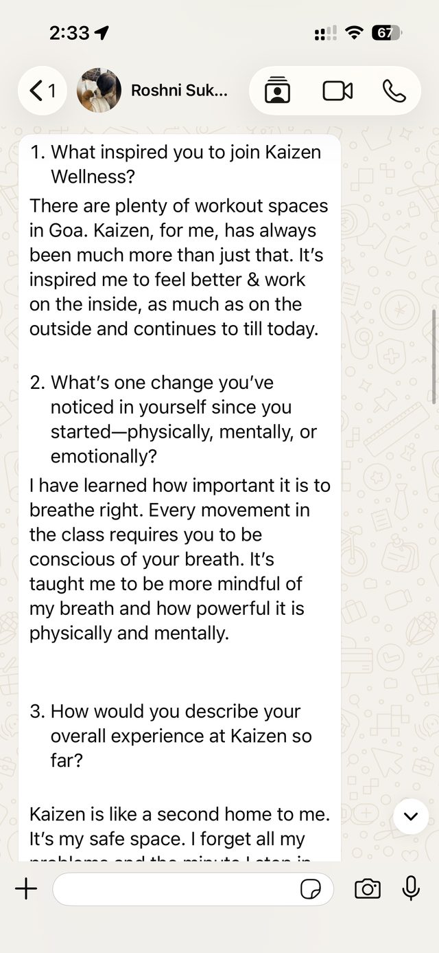 A WhatsApp message from a Kaizen member describing their experience