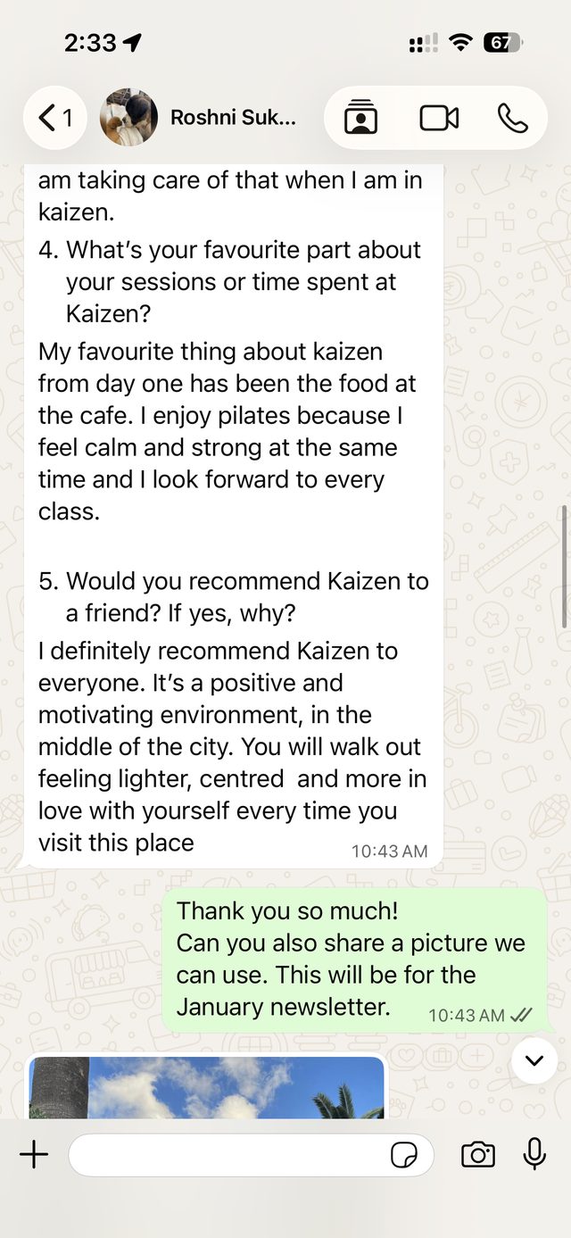 A WhatsApp message from a Kaizen member describing their experience