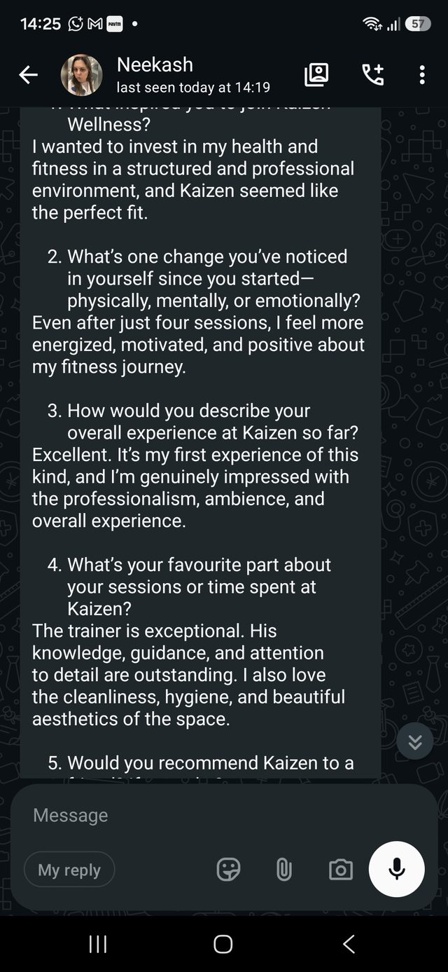 A WhatsApp message from a Kaizen member describing their experience