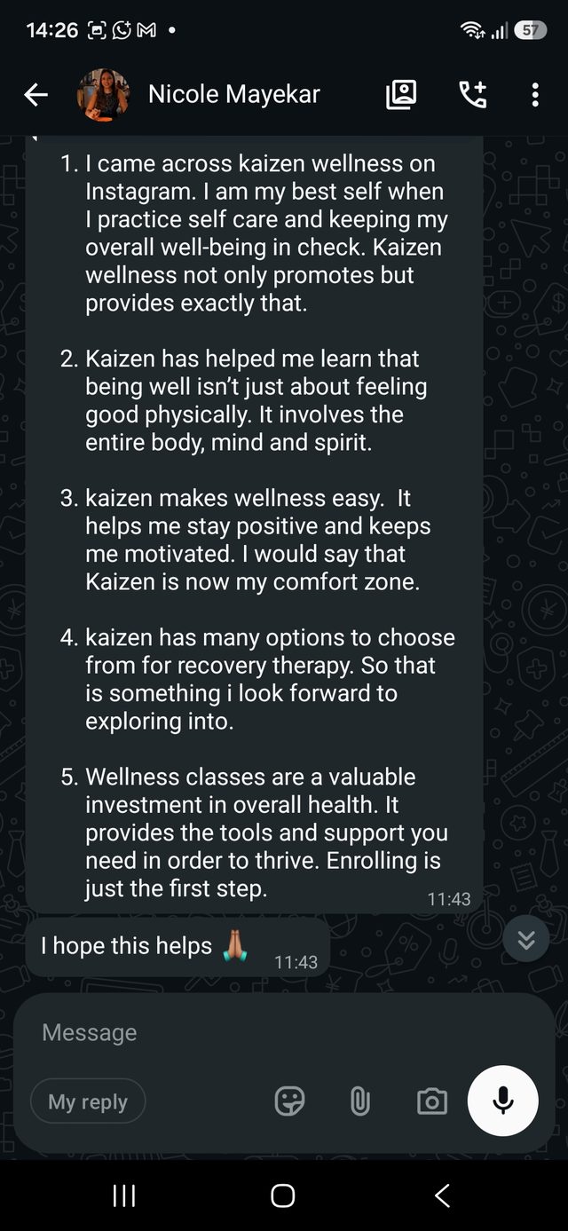 A WhatsApp message from a Kaizen member describing their experience