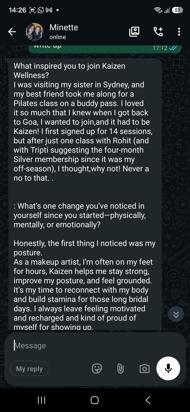 A WhatsApp message from a Kaizen member describing their experience