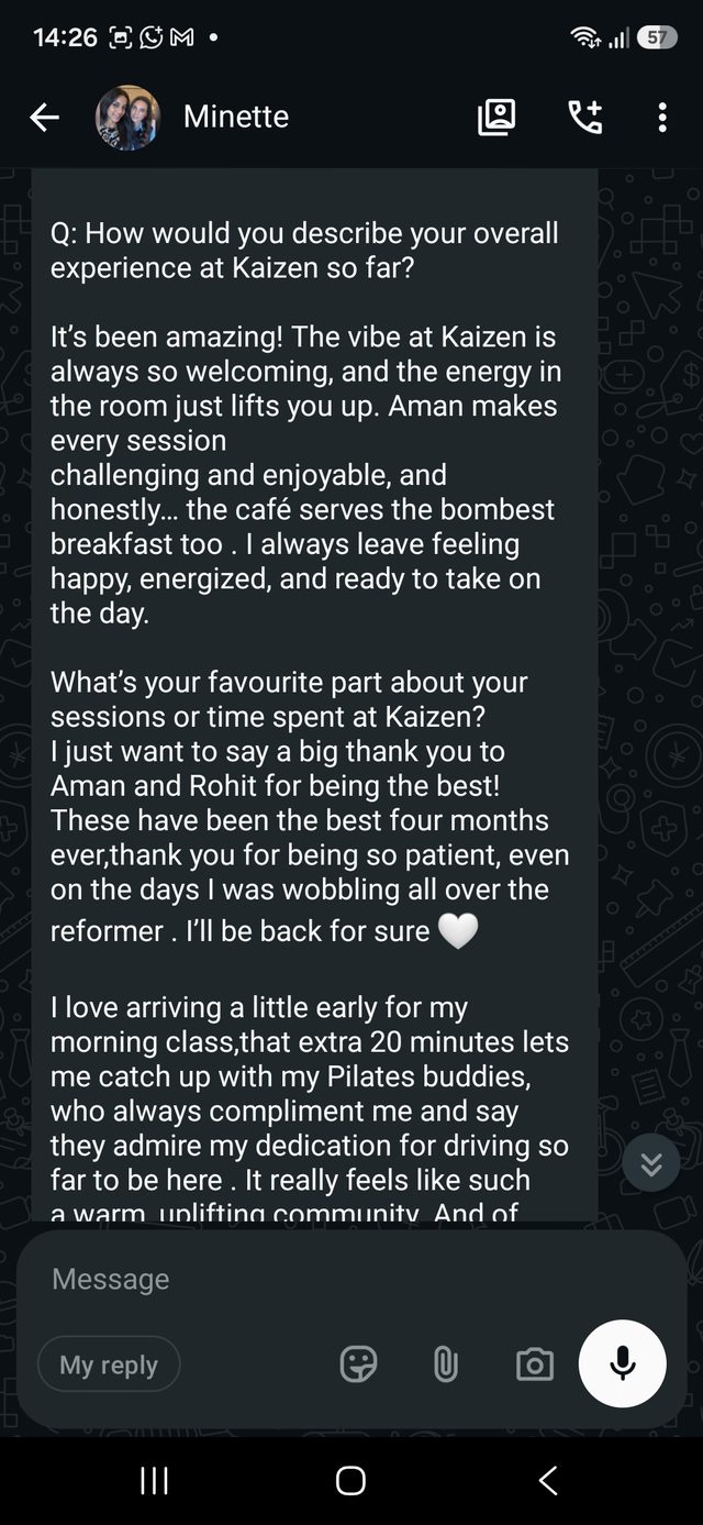 A WhatsApp message from a Kaizen member describing their experience