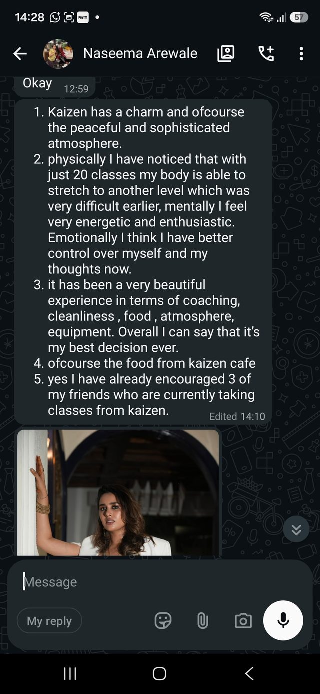 A WhatsApp message from a Kaizen member describing their experience