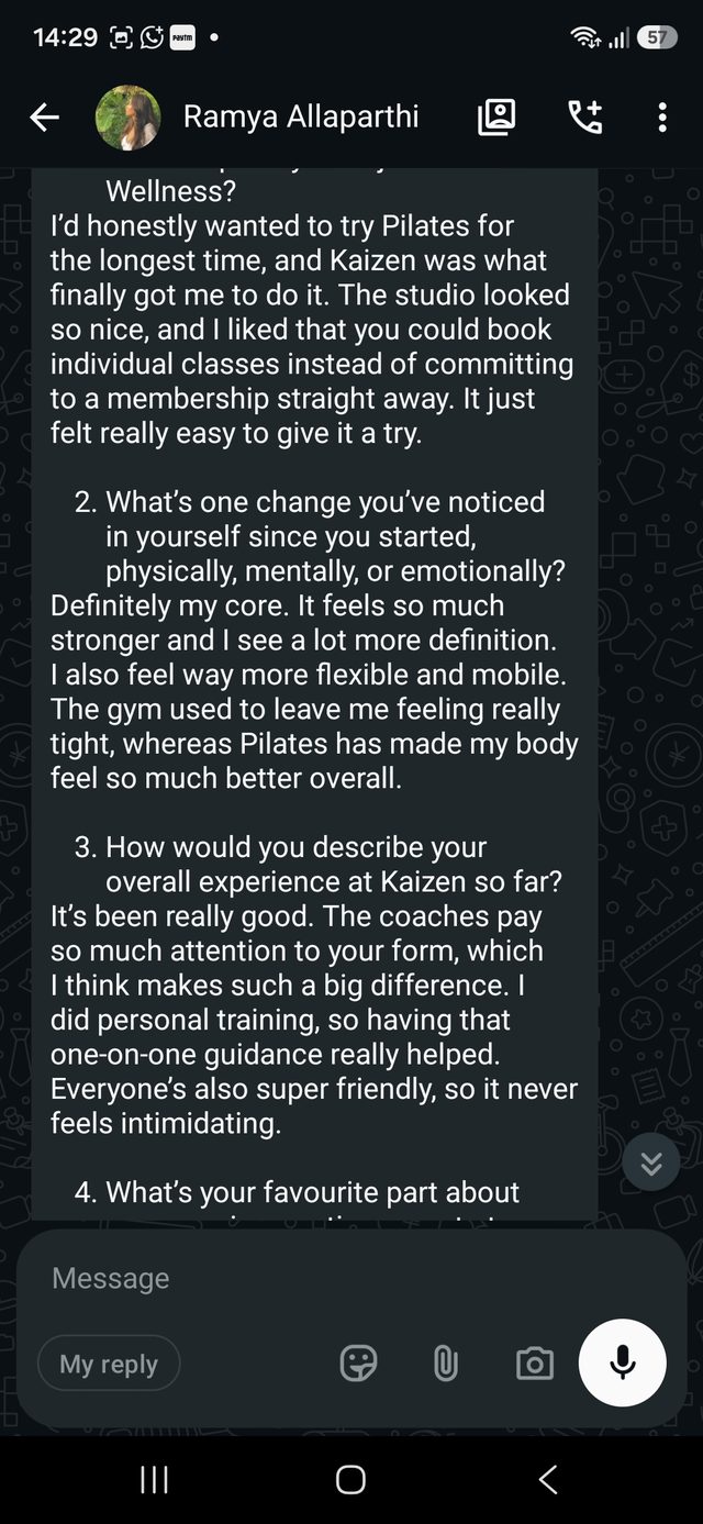 A WhatsApp message from a Kaizen member describing their experience