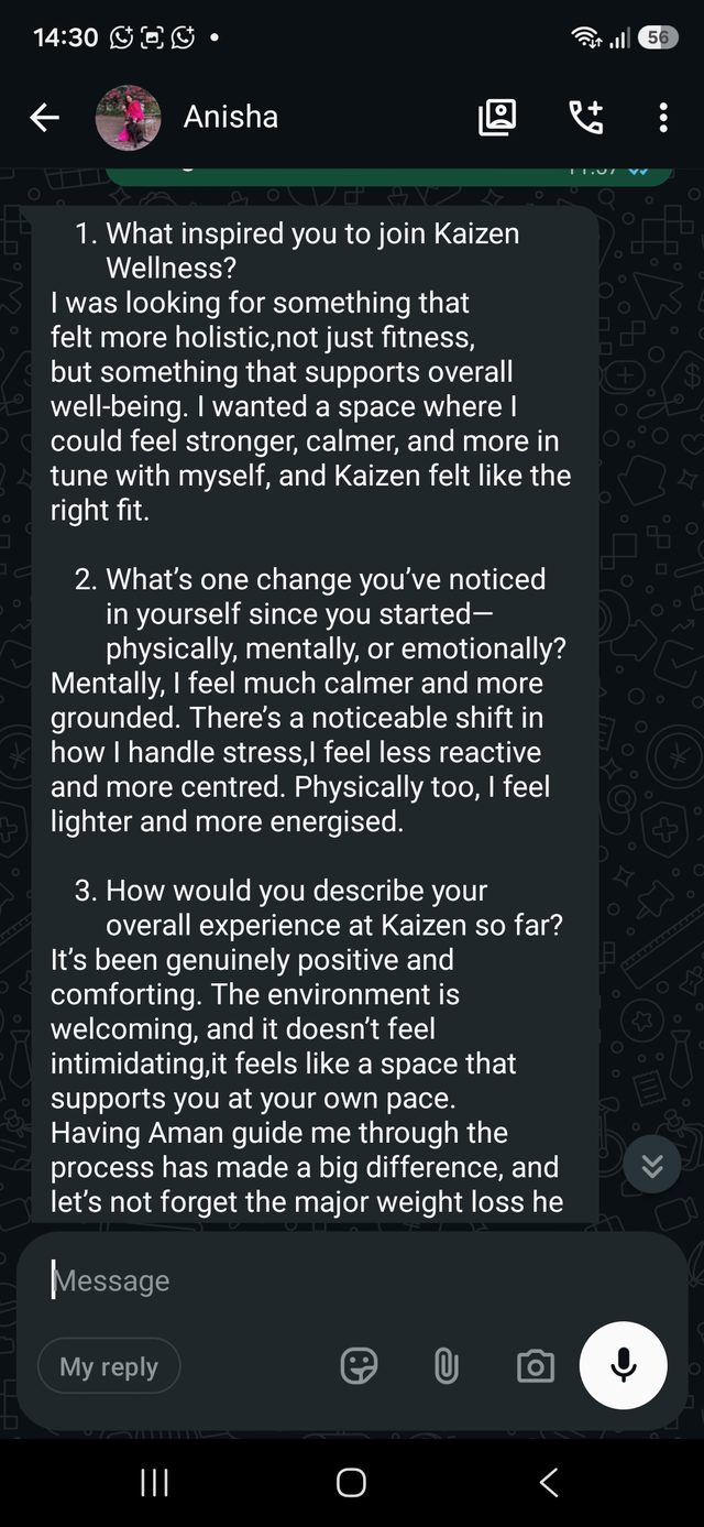 A WhatsApp message from a Kaizen member describing their experience