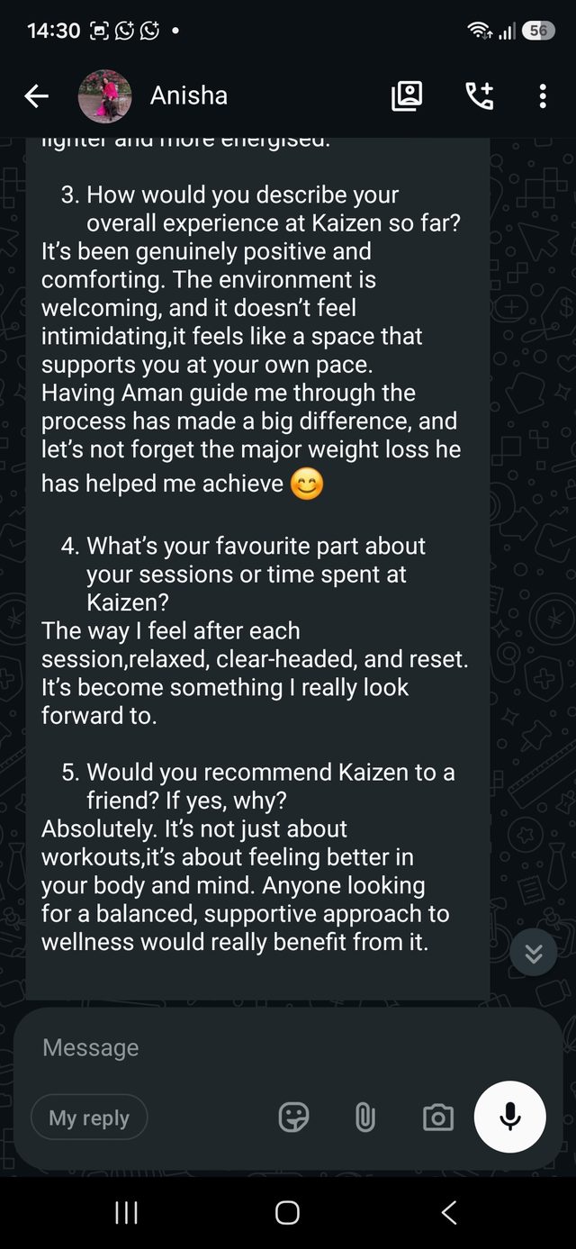 A WhatsApp message from a Kaizen member describing their experience