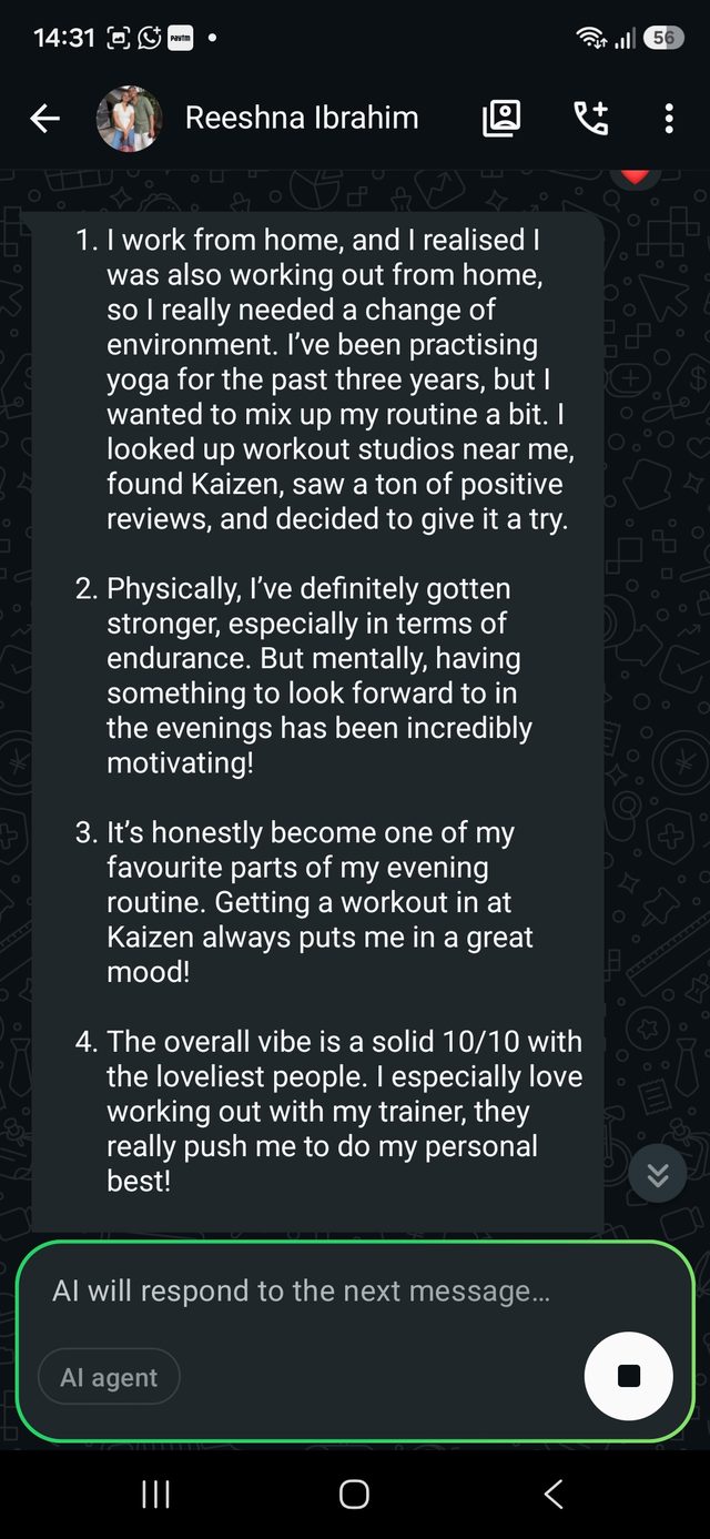 A WhatsApp message from a Kaizen member describing their experience