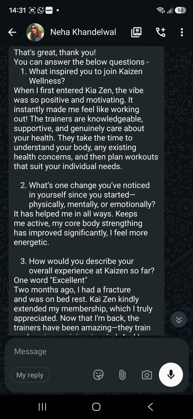 A WhatsApp message from a Kaizen member describing their experience