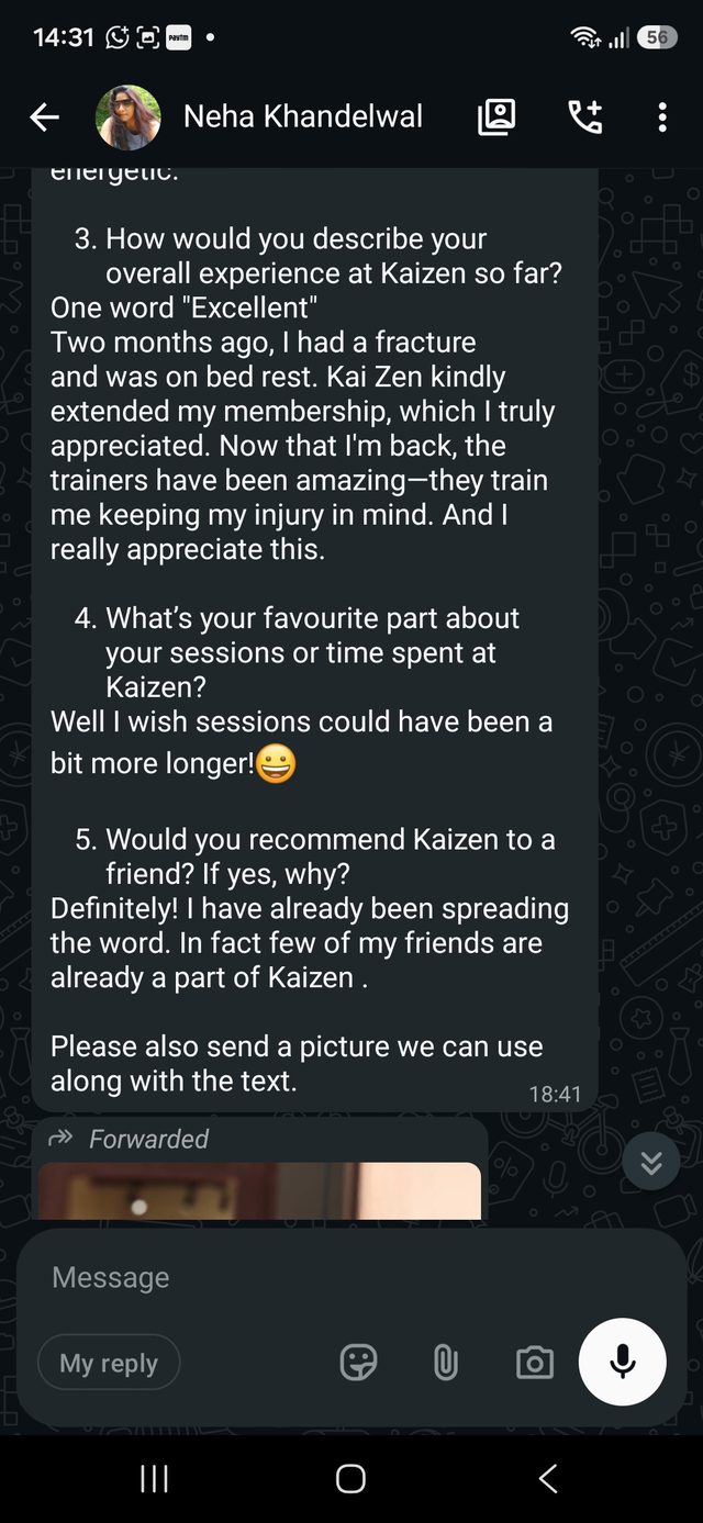 A WhatsApp message from a Kaizen member describing their experience
