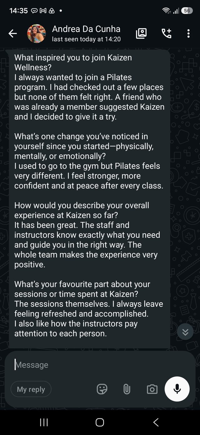 A WhatsApp message from a Kaizen member describing their experience