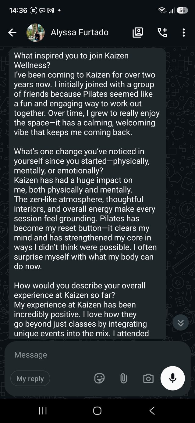 A WhatsApp message from a Kaizen member describing their experience