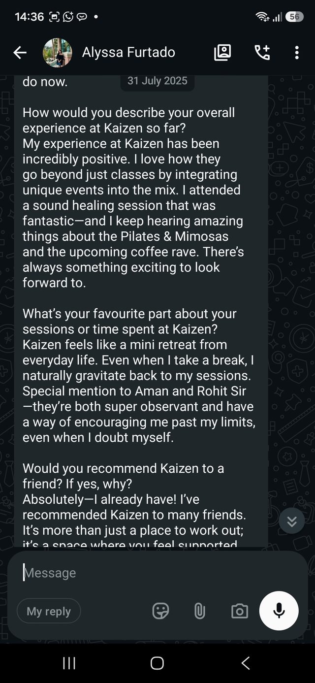 A WhatsApp message from a Kaizen member describing their experience