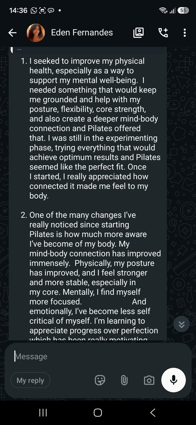 A WhatsApp message from a Kaizen member describing their experience