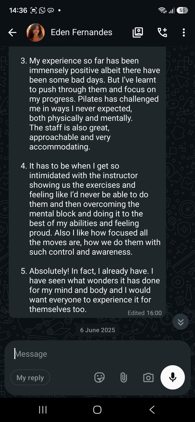 A WhatsApp message from a Kaizen member describing their experience