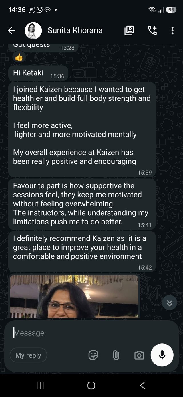 A WhatsApp message from a Kaizen member describing their experience
