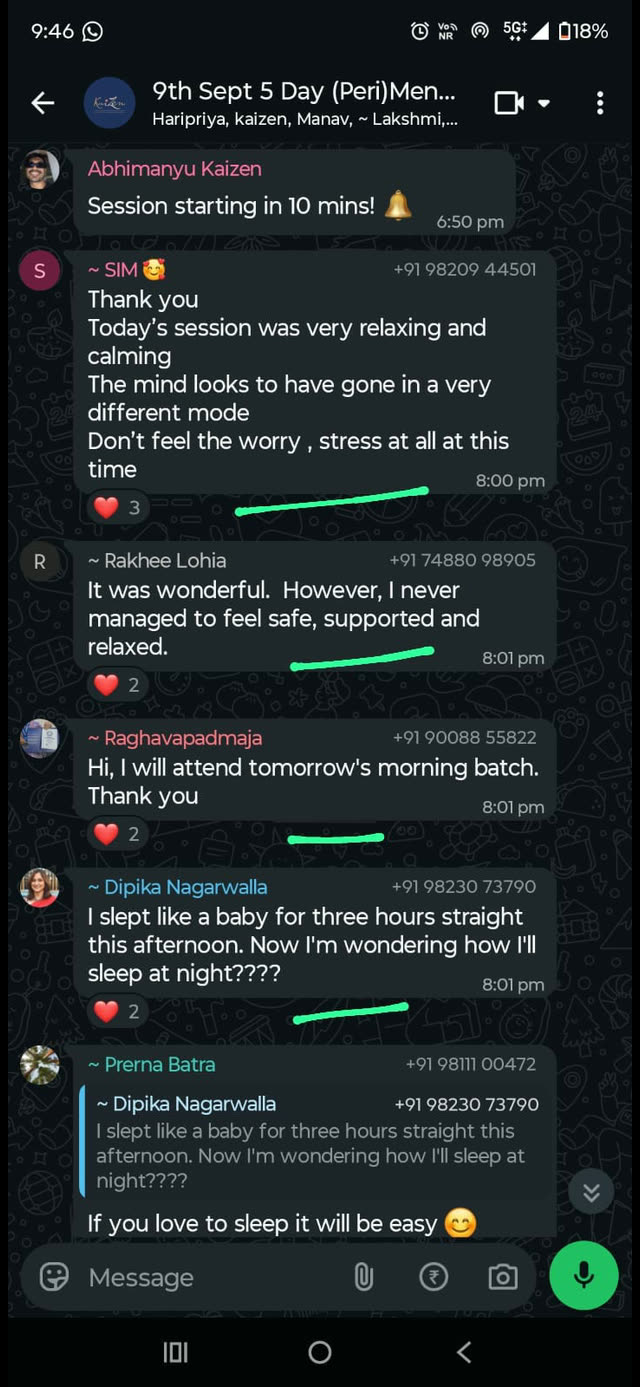 A WhatsApp message from a Kaizen member describing their experience